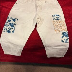 White Jeans with Blue and Orange Floral Patches